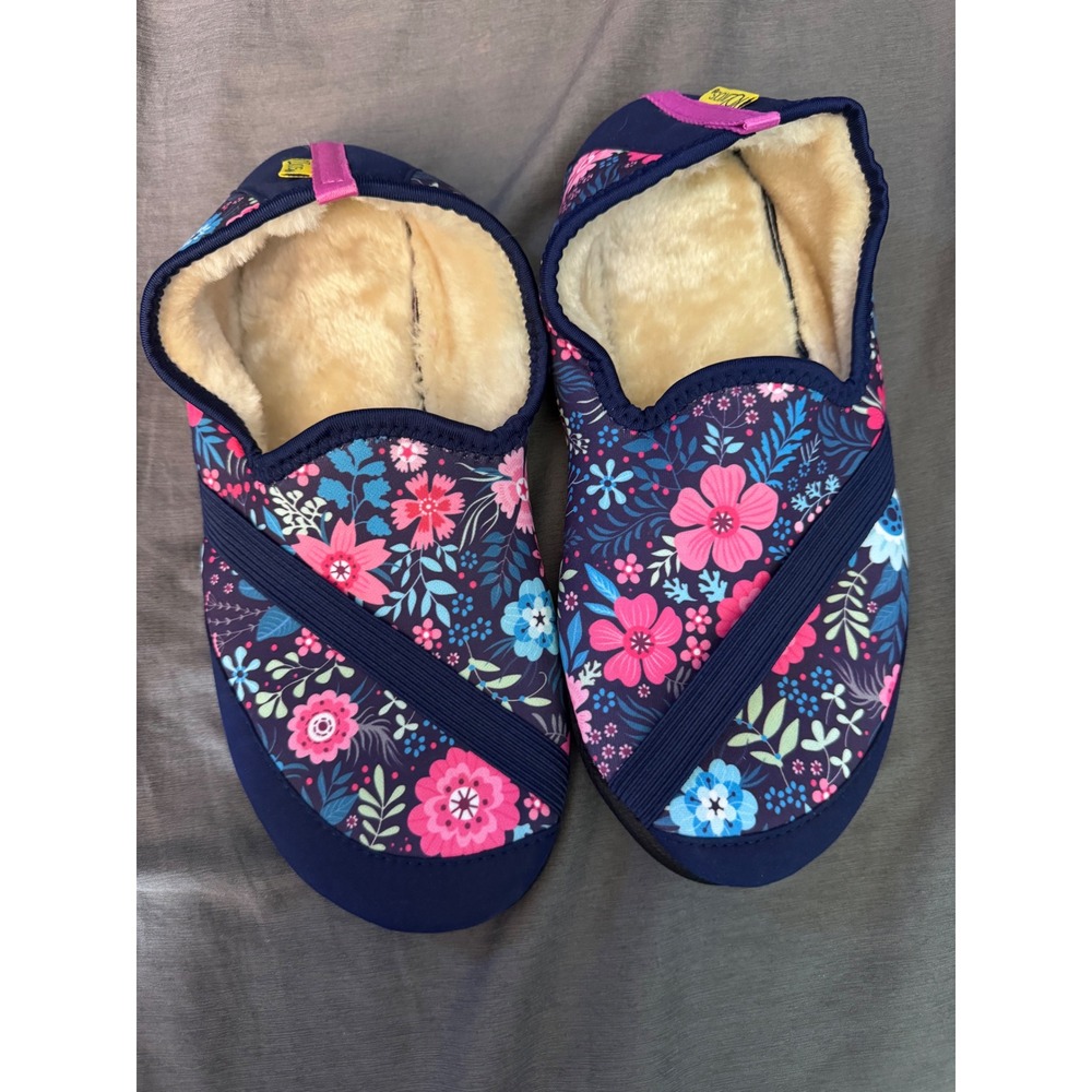Kozikicks Floral Navy Pink Faux Fur Lined Active Slippers Women Shoes 10 Inch